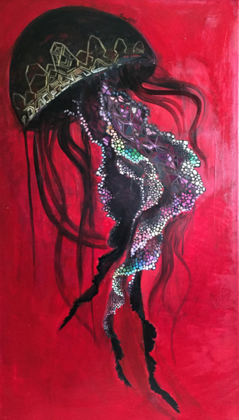 Painting titled "DANCE BLACK JELLYFI…" by Olga, Original Artwork, Oil