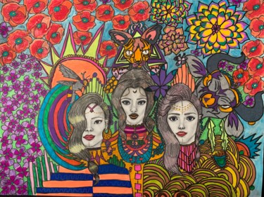 Dessin intitulée "Egyptian Goddesses" par Oana Arabagiu, Œuvre d'art originale, Crayon