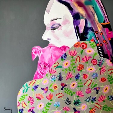 Schilderij getiteld "Shy" door Oana Savin, Origineel Kunstwerk, Acryl Gemonteerd op Frame voor houten brancard