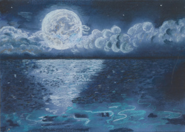 Painting titled "Луна над Черным мор…" by Olga Dokuchaeva, Original Artwork, Pastel