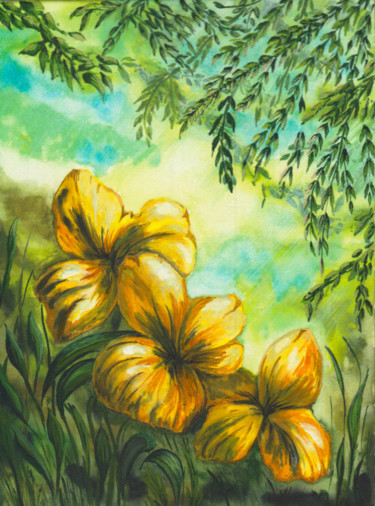 Pittura intitolato "Yellow flowers" da Olga Dokuchaeva, Opera d'arte originale, Acquarello Montato su Cartone