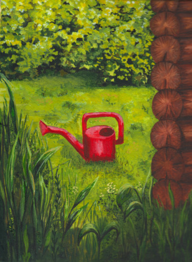 Картина под названием "Watering can in ras…" - Olga Dokuchaeva, Подлинное произведение искусства, Акварель Установлен на кар…