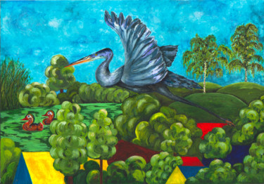 Картина под названием "A grey heron flying…" - Olga Dokuchaeva, Подлинное произведение искусства, Акварель