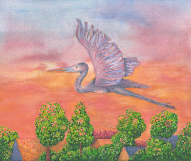 Painting titled "The flight of a gra…" by Olga Dokuchaeva, Original Artwork, Watercolor Mounted on Cardboard