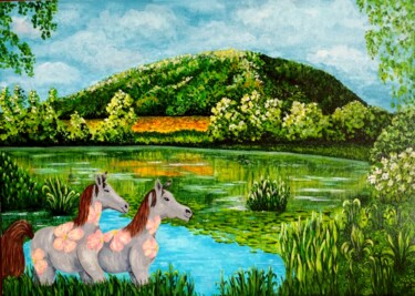Картина под названием "TWO DAPPLED GRAY HO…" - Olga Dokuchaeva, Подлинное произведение искусства, Акварель Установлен на кар…