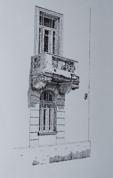 Dibujo titulada "The Old Balcony" por Spartak Chernyshov, Obra de arte original, Tinta