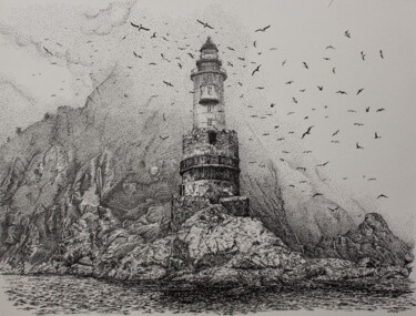 Desenho intitulada "The Aniva Lighthouse" por Spartak Chernyshov, Obras de arte originais, Tinta