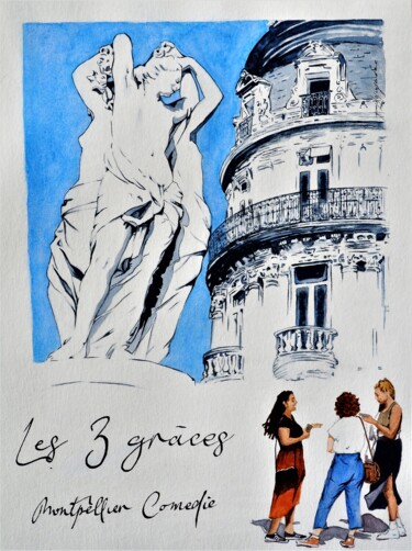 Schilderij getiteld "Les 3 Grâces - Mont…" door Paola Grendene, Origineel Kunstwerk, Aquarel Gemonteerd op Andere stijve pan…