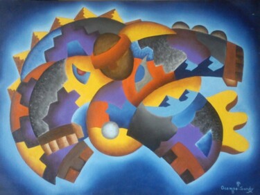 Painting titled "Pujllay Apu" by Fernando Lucio Ocampo-Sandy, Original Artwork, Oil Mounted on Cardboard