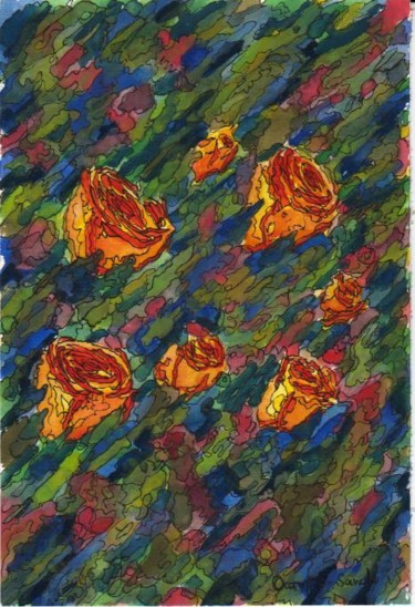 Painting titled "Rosas como balas ca…" by Fernando Lucio Ocampo-Sandy, Original Artwork, Oil