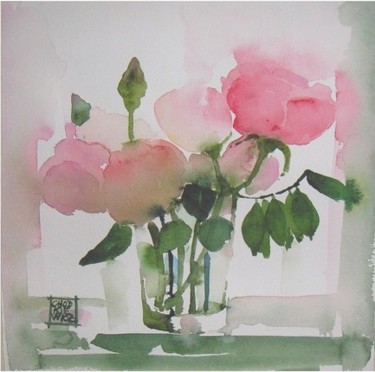 Malerei mit dem Titel "au nom de la rose" von Odile Chodkiewicz, Original-Kunstwerk, Aquarell