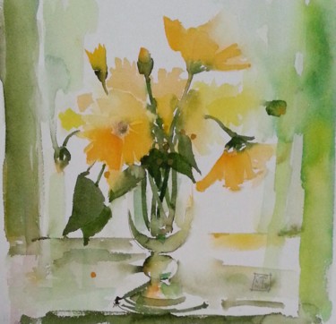 Painting titled "Harmonie en jaune" by Odile Chodkiewicz, Original Artwork, Watercolor