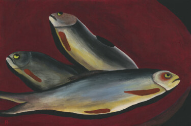 Schilderij getiteld "Three Fish In A Bowl" door Anton Maliar, Origineel Kunstwerk, Acryl Gemonteerd op Karton