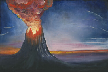 Painting titled "Erupting Volcano" by Anton Maliar, Original Artwork, Oil Mounted on Wood Stretcher frame