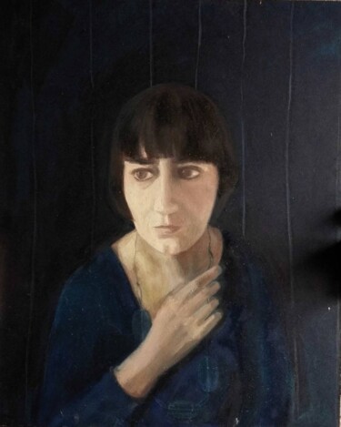 Malarstwo zatytułowany „Ritratto blu” autorstwa Odel, Oryginalna praca, Olej Zamontowany na Drewniana rama noszy