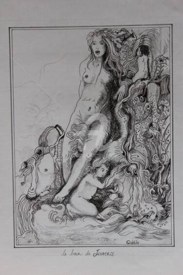 Disegno intitolato "Le bain de Jouvence…" da Odélo, Opera d'arte originale, Inchiostro