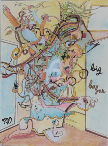 Zeichnungen mit dem Titel "BIG BAZAR" von Odélo, Original-Kunstwerk, Pastell Auf Holzplatte montiert