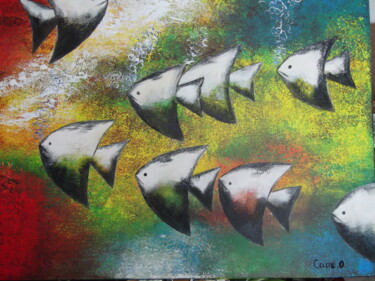 Pittura intitolato "Droles de poissons" da Odette Carre (Etchevers M-J), Opera d'arte originale, Acrilico Montato su Telaio…