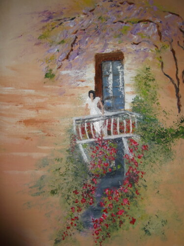 Painting titled "Femme au balcon" by Odette Carre (Etchevers M-J), Original Artwork, Oil