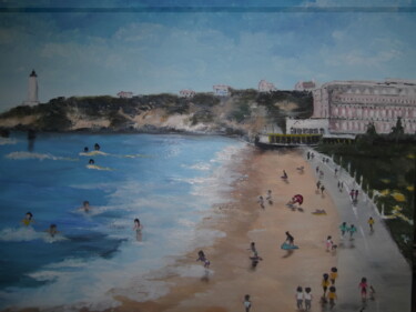 Painting titled "Plage de Biarritz" by Odette Carre (Etchevers M-J), Original Artwork, Oil Mounted on Wood Stretcher frame