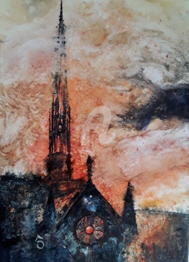 Malerei mit dem Titel "Notre Dame en Feu" von Aquarelles D'Ô, Original-Kunstwerk, Aquarell