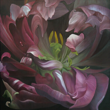 Painting titled "Tulipe 02" by Odile Faure, Original Artwork, Oil Mounted on Wood Stretcher frame