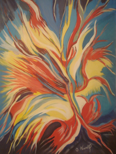 Schilderij getiteld "l' oiseau de feu" door Odile Bourel, Origineel Kunstwerk, Olie