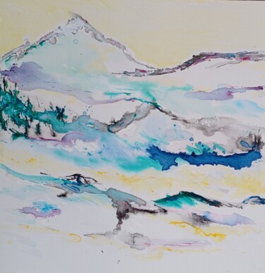 Painting titled "De roches et d'eau…" by Odile Degand, Original Artwork, Ink Mounted on Wood Stretcher frame