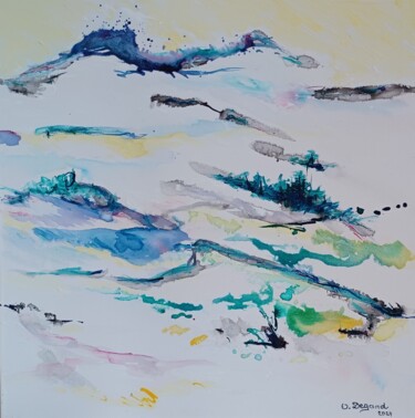 Painting titled "De roches et d'eau…" by Odile Degand, Original Artwork, Ink Mounted on Wood Stretcher frame