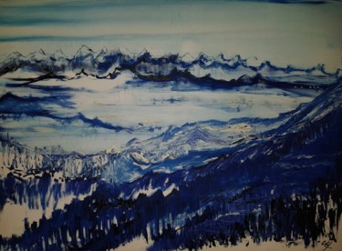 Painting titled "Montagnes bleues" by Odile Fine, Original Artwork