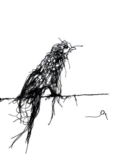 纺织艺术 标题为“Oiseau 01” 由Odile Guichard, 原创艺术品, 刺绣 安装在纸板上