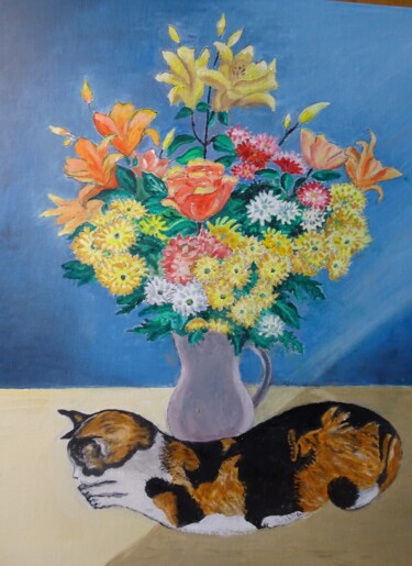 Malerei mit dem Titel "chat au bouquet" von Odile Joguin, Original-Kunstwerk, Öl