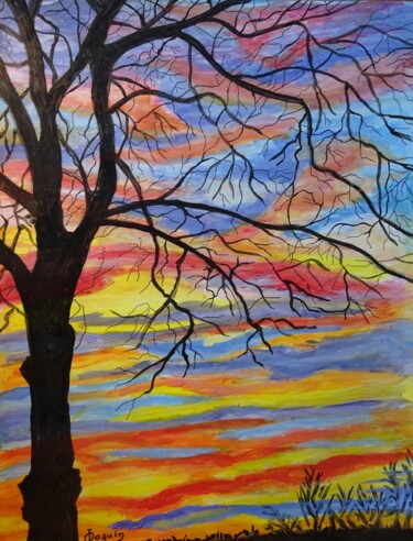 Painting titled "arbre et soleil cou…" by Odile Joguin, Original Artwork, Acrylic
