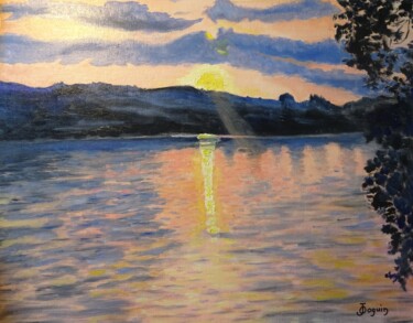 Painting titled "lac au soleil couch…" by Odile Joguin, Original Artwork, Oil Mounted on Cardboard