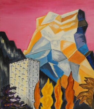 Painting titled "chartreuse cubiste" by Odile Joguin, Original Artwork, Oil Mounted on Cardboard