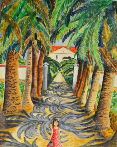 Painting titled "allée de palmier à…" by Odile Joguin, Original Artwork, Oil Mounted on Cardboard