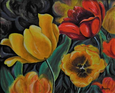 Painting titled "Tulipes" by Odile Joguin, Original Artwork, Oil Mounted on Cardboard
