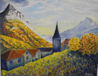 Pittura intitolato "village de Proveysi…" da Odile Joguin, Opera d'arte originale, Olio Montato su Cartone
