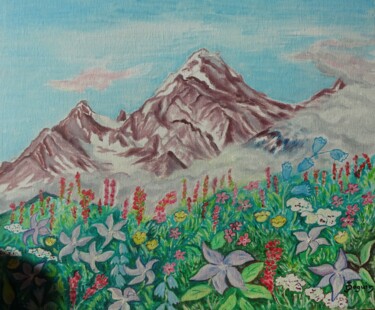 Peinture intitulée "montagne fleurie" par Odile Joguin, Œuvre d'art originale, Huile