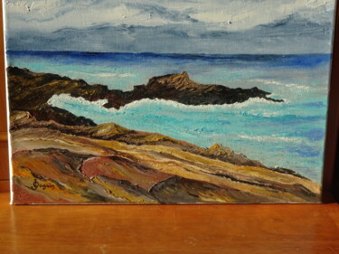 Painting titled "côte bretonne" by Odile Joguin, Original Artwork, Oil Mounted on Cardboard