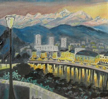 Painting titled "Grenoble vu de la B…" by Odile Joguin, Original Artwork, Oil Mounted on Cardboard
