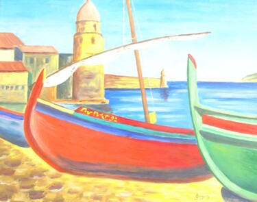 Ζωγραφική με τίτλο "bateaux en Espagne" από Odile Joguin, Αυθεντικά έργα τέχνης, Λάδι Τοποθετήθηκε στο Χαρτόνι