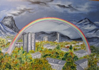 Peinture intitulée "arc en ciel sur Gre…" par Odile Joguin, Œuvre d'art originale, Huile Monté sur Carton