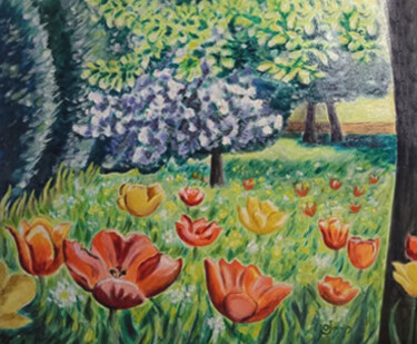 Painting titled "jardin au printemps" by Odile Joguin, Original Artwork, Oil Mounted on Cardboard