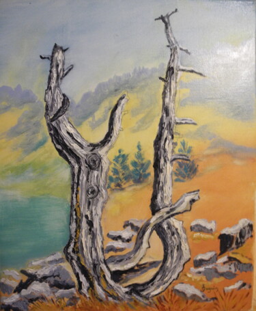 Painting titled "arbres morts" by Odile Joguin, Original Artwork, Oil Mounted on Cardboard