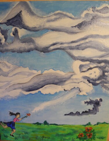 Painting titled "femmes-nuages" by Odile Joguin, Original Artwork, Oil Mounted on Cardboard