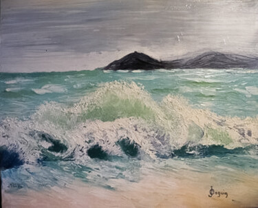 Painting titled "mer bretonne" by Odile Joguin, Original Artwork, Oil Mounted on Cardboard