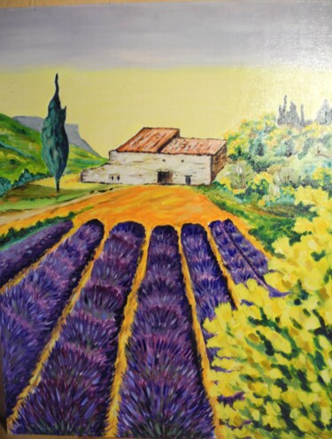 Peinture intitulée "champ de lavande" par Odile Joguin, Œuvre d'art originale, Huile Monté sur Carton