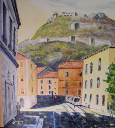 Painting titled "la Bastille vue de…" by Odile Joguin, Original Artwork, Oil Mounted on Cardboard