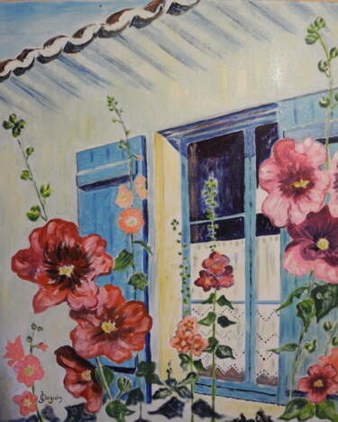 Painting titled "roses trémières en…" by Odile Joguin, Original Artwork, Oil Mounted on Cardboard